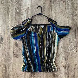 Cold shoulder striped blouse with gathered waist.